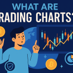 Illustration showing a person analyzing crypto trading charts with Bitcoin icons and candlestick patterns in a blue and gold color theme