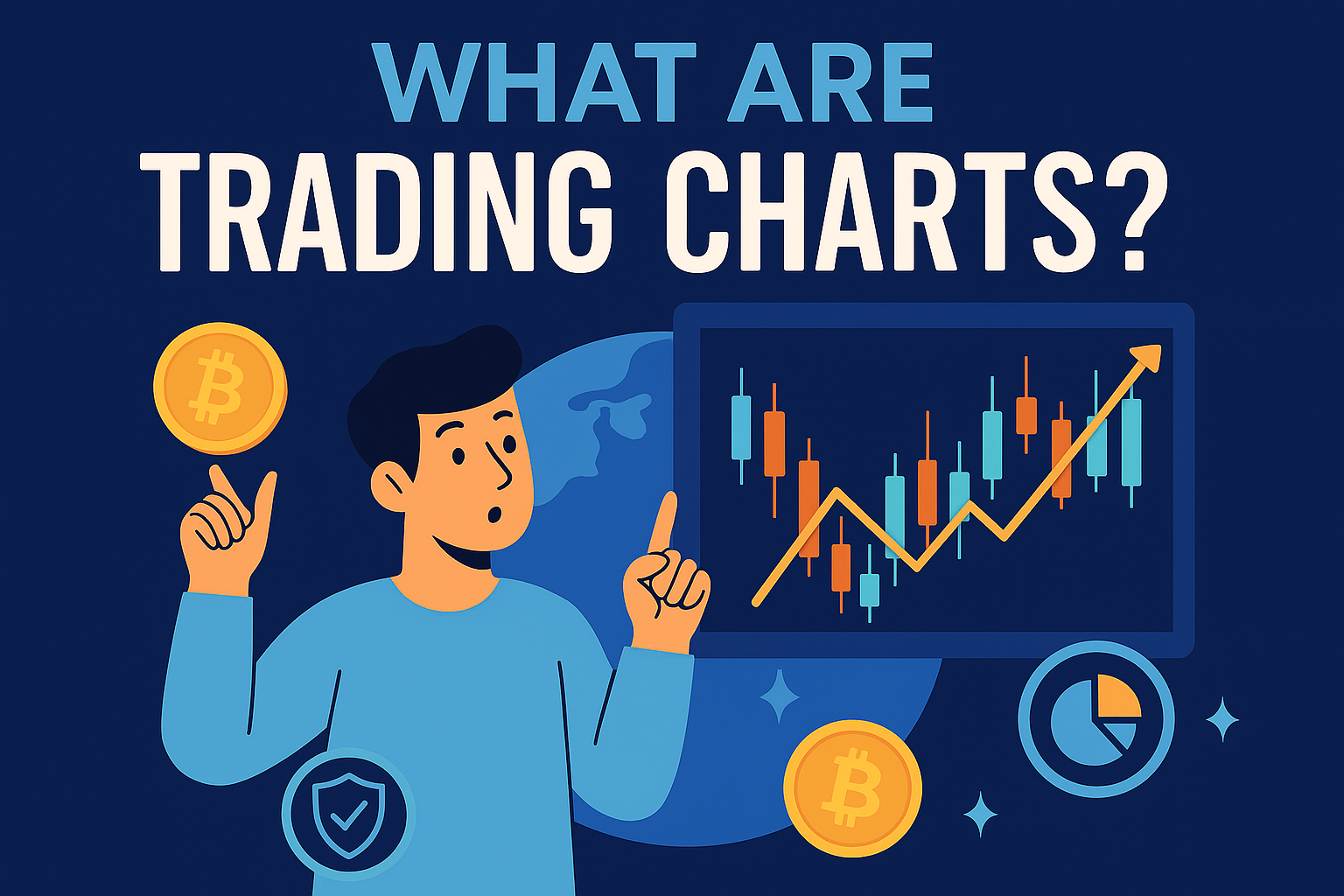 Illustration showing a person analyzing crypto trading charts with Bitcoin icons and candlestick patterns in a blue and gold color theme