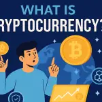 Illustration of a person learning about cryptocurrency with Bitcoin and blockchain icons in a modern flat style