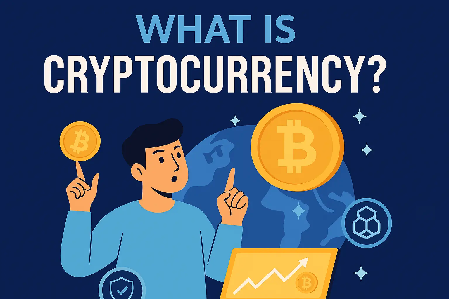 Illustration of a person learning about cryptocurrency with Bitcoin and blockchain icons in a modern flat style